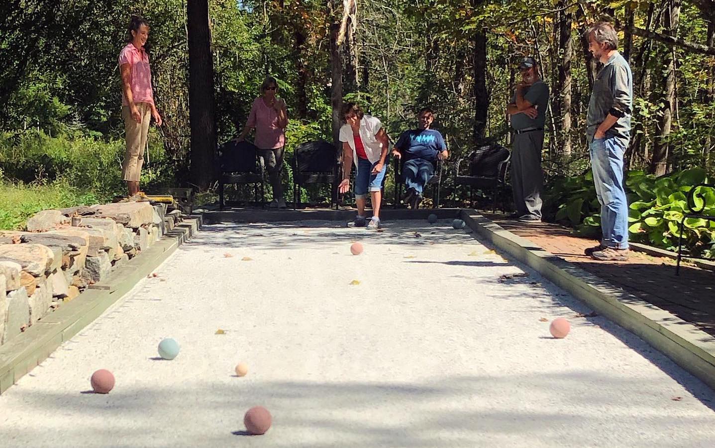 Bocce court players at Falls Village Flower Farm