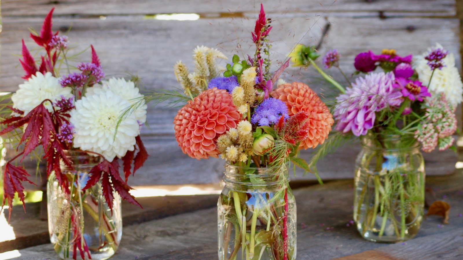 Small jars of cut flowers on Flower Stand at Falls Village Flower Farm