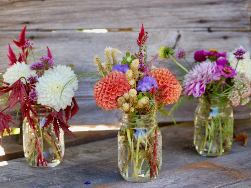 Small jars of cut flowers on Flower Stand at Falls Village Flower Farm